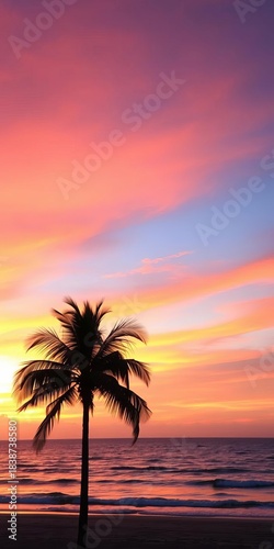 A palm tree silhouette against a colorful evening sky at the beach,  silhouette,  travel