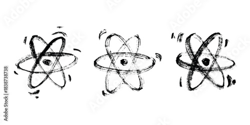 Set of hand drawn atom sign Molecule clipart in doodle style Symbol of science, education, nuclear energy, scientific research, molecular chemistry Single element for print, web, design