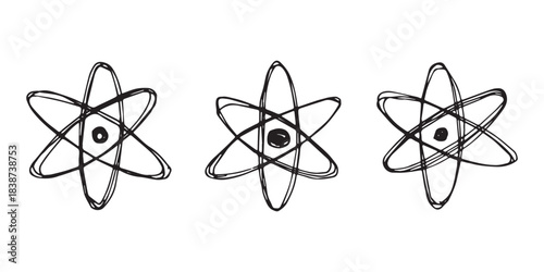 Set of hand drawn atom sign Molecule clipart in doodle style Symbol of science, education, nuclear energy, scientific research, molecular chemistry Single element for print, web, design