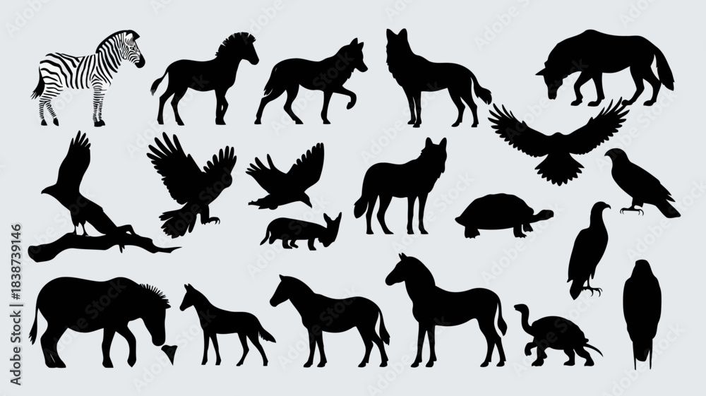 Fototapeta premium Black silhouettes of various animals including zebra, horse, wolf, bird, turtle, and more