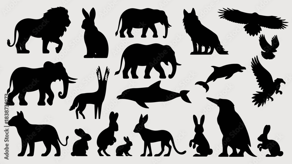 Naklejka premium Silhouettes of various animals including lions, elephants, rabbits, birds, and more in black shapes on
