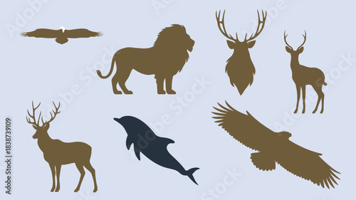 Set of animal silhouettes including lion, deer, eagle, and whale in brown color