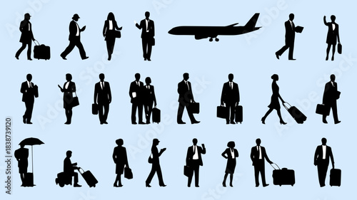 Silhouettes of people with luggage and an airplane, representing travel and airport scenes