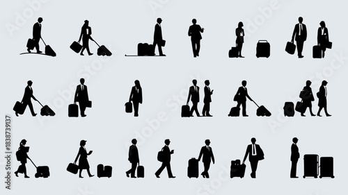 Silhouettes of people walking with luggage in various poses and directions, isolated on