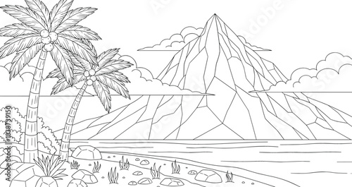 Detailed Line Art Vector Illustration of Tropical Beach with Palm Trees, Ocean, and Large Volcanic Mountain, Perfect for Coloring and Nature Design