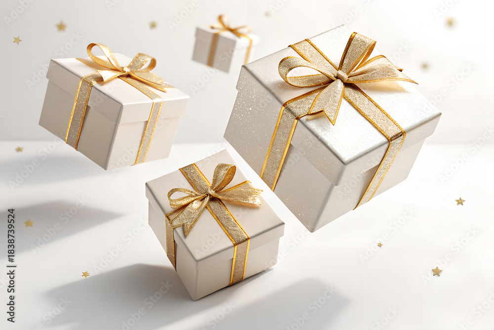 Obraz premium Floating Glossy Christmas Gift Boxes with Sparkling Ribbons on Pure White Background – Premium 8K Festive Visual