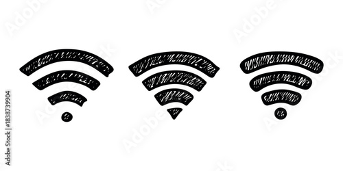 Set of hand drawn free wifi spot zone sign Public wi-fi area sign Wireless internet clipart in doodle style Single element for print, web, design, decor 3G, 4G, 5G, 6G, IoT