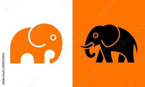 Two stylized elephants one orange on white and one black on orange representing contrast and duality