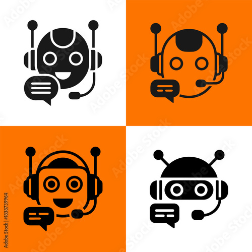 Four robot head icons with speech bubbles and headsets representing artificial intelligence and customer service