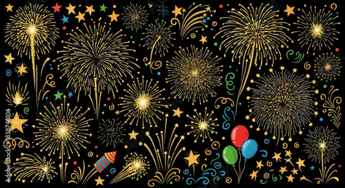 Bright golden firework bursts, twinkling stars, and festive decorative elements, capturing the excitement and grandeur of special celebratory moments and events, ideal for New Year or holiday designs