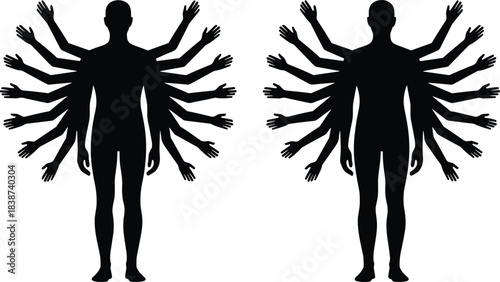 Silhouette multi-armed human figures, black vector art, symbolic posture, complexity concept, supernatural gesture, abstract illustration design