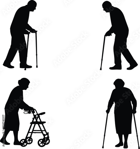Silhouette elderly mobility aid users, black vector art, cane and walker support, aging posture illustration, healthcare concept