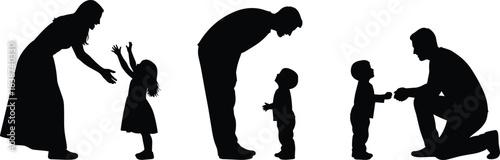 Silhouette adult and child interaction, nurturing gesture, family bond, black vectmoment, emotional connection, care illustration