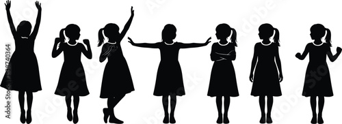 Silhouette girl expressive poses, dynamic gestures, black vector art, body language illustration, ponytail dres