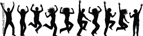 Silhouette group celebration jump, energetic poses, black vector art, joyful movement, unity gesture, 