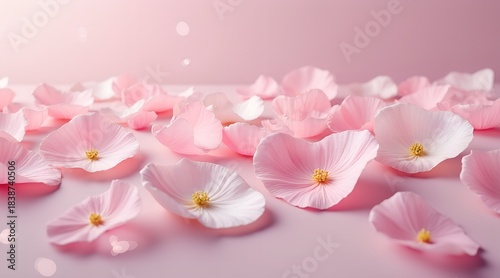Soft Delicate Pink Petals Scattered on a Light Pink Surface with Subtle Bokeh Effect