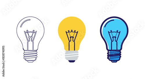 A Trio of Light Bulb Icons An Outline, a Yellow Illumination, and a Blue Glow