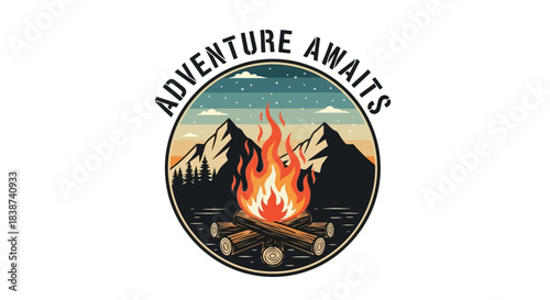 Vintage outdoor adventure illustration featuring a crackling campfire, majestic mountains, and a starry night sky, with 'Adventure Awaits' text