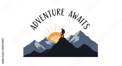 Dynamic illustration of a lone explorer on a majestic mountain summit at sunrise, depicting the spirit of discovery and the excitement that awaits new journeys