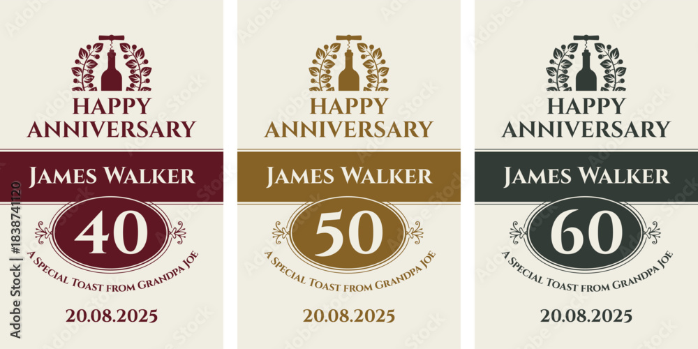 Fototapeta premium Vector set of custom name labels with a wine bottle, branch of hops, corkscrew and inscriptions on a background in vintage style. Anniversary or birthday. No ai