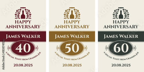 Vector set of custom name labels with a wine bottle, branch of hops, corkscrew and inscriptions on a background in vintage style. Anniversary or birthday. No ai