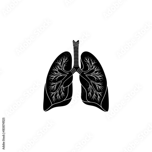 Stylized black silhouette of human lungs with visible white internal bronchial tree structure on a plain background.