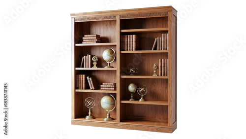 Wooden Bookshelf Filled with Books and Globes on White Background