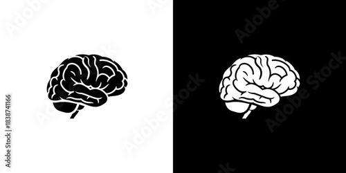 Stylized graphic illustrations of a human brain in black and white, symbolizing mind, thought, and intelligence.