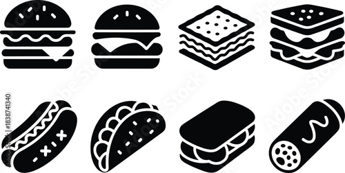 Bold black fast food icon set featuring burgers, sandwiches, crackers, hot dog, taco, sub, and sausage in modern solid silhouette style