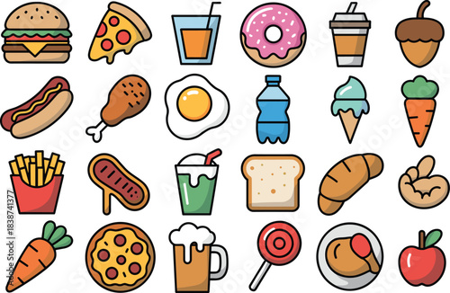 Colorful cartoon food icon set with burgers, pizza, drinks, donuts, sweets, vegetables, bread, snacks, fast food, and desserts