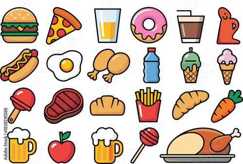 Colorful cartoon food icon set with burgers, pizza, drinks, donuts, sweets, vegetables, bread, snacks, fast food, and desserts
