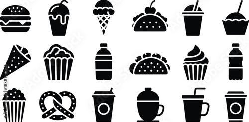 Solid black fast food and drink icon set featuring burgers, tacos, snacks, desserts, and beverages in bold minimalist silhouette style