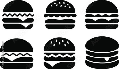 Minimalist solid black burger icon set featuring various hamburger styles with sesame buns, layers, and fillings in bold silhouette design