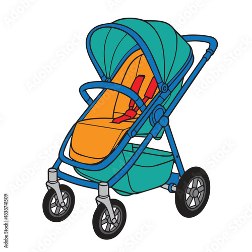 A minimalist vector baby stroller drawn with balanced contours, lightweight shapes, and subtle highlights, creating a modern, practical design that conveys safety, ease, and everyday family use.