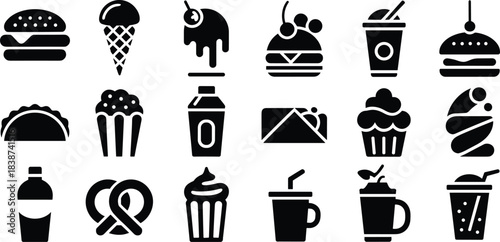 Solid black fast food and drink icon set featuring burgers, tacos, snacks, desserts, and beverages in bold minimalist silhouette style