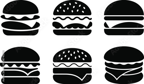 Minimalist solid black burger icon set featuring various hamburger styles with sesame buns, layers, and fillings in bold silhouette design
