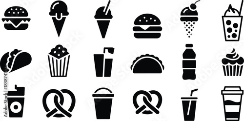 Solid black fast food and drink icon set featuring burgers, tacos, snacks, desserts, and beverages in bold minimalist silhouette style