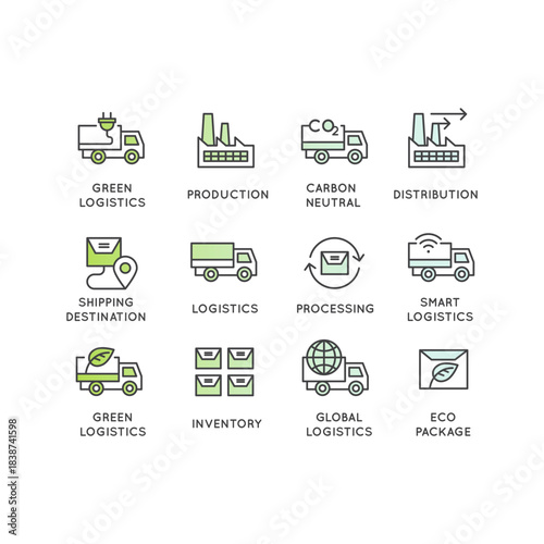 Logistics, eco-friendly supply chain, shipping, warehouse, and sustainability icons, carbon neutral, eco friendly, factory production, co2 footprint report