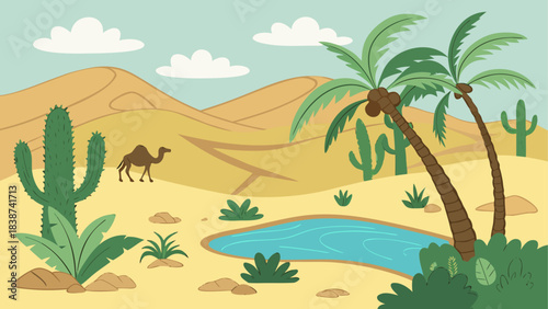 Cartoon Desert Oasis with Camel, Palm Trees, and Water Spring