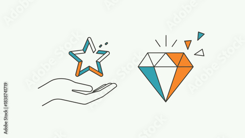 Hand holding a sparkling star next to a brilliant diamond gem, concept of quality, value, and excellence