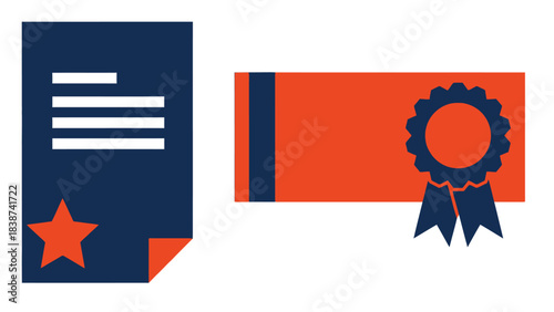 Certificate and award ribbon icons set, diploma or official document with star and recognition badge, white