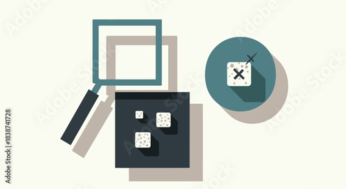 Concept of data analysis, search, verification, and error checking with magnifying glass, data blocks, and rejection symbol white