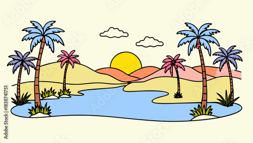 Cartoon Desert Oasis with Camel, Palm Trees, and Water Spring