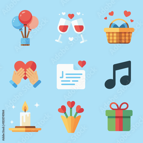 Friendship and appreciation icon collection, hearts notes hands music, social bonding celebration elements, modern flat vector illustration