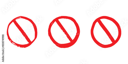 Set of hand drawn prohibition sign No entry symbol Red circle with cross line clipart in doodle style Ban Restriction Forbidden stop Single element for print, web, design