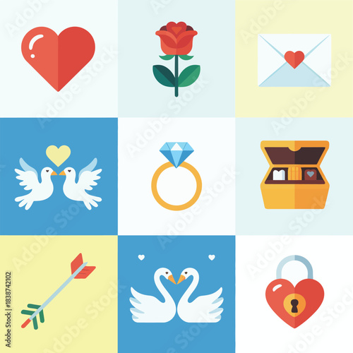 Romantic relationship icon collection, hearts roses envelopes rings, affection celebration elements, clean flat vector illustration