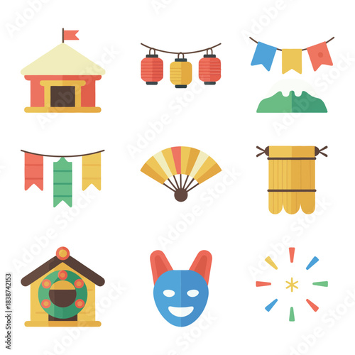 Traditional festival illustration pack, masks lanterns banners houses fireworks, cultural celebration elements, joyful flat vector design
