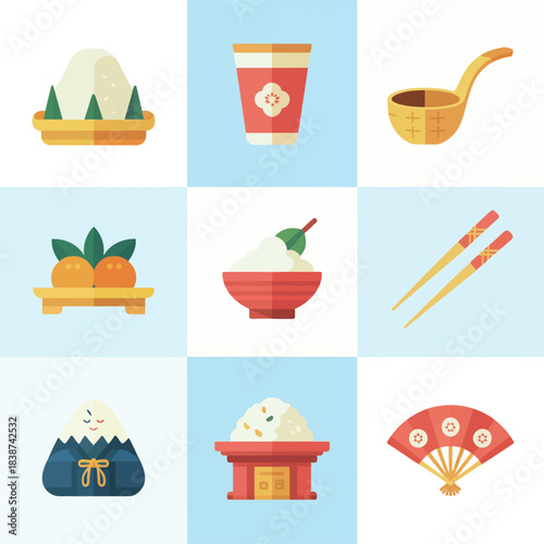 Traditional meal icon set, rice bowls tea cups chopsticks fans, cultural dining celebration elements, elegant flat vector design