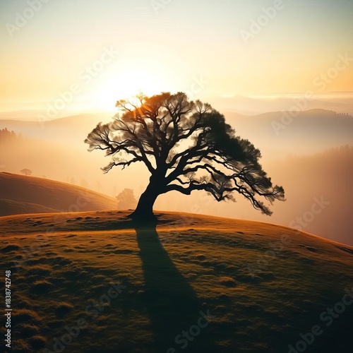 A solitary ancient oak tree stands on a misty hill at sunrise, casting long shadows,  nature,  mist
