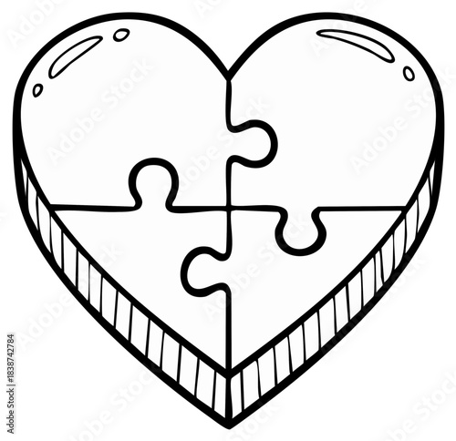 Heart shaped puzzle pieces connected in a black outline doodle style